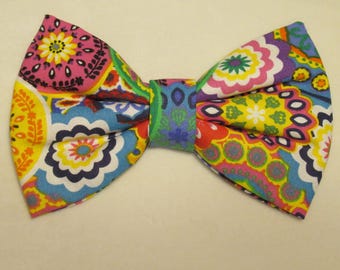 Bright Kaleidoscope Medallions Dog Cat Bow Tie: Easy Collar Attachment