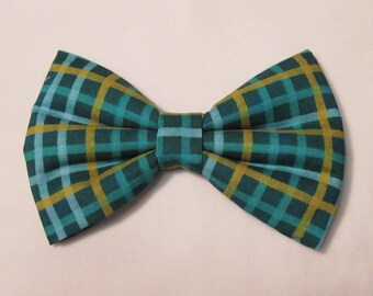 Green Blue Gold Plaid Dog Cat Bow Tie: Easy Collar Attachment