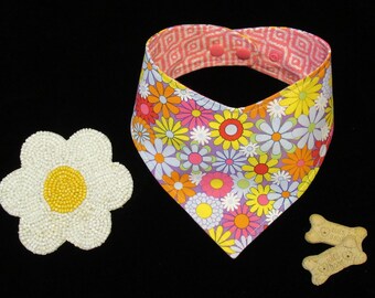 Dog Bandana Reversible Flower Power Bright Pink Pet Scarf with Adjustable Snaps