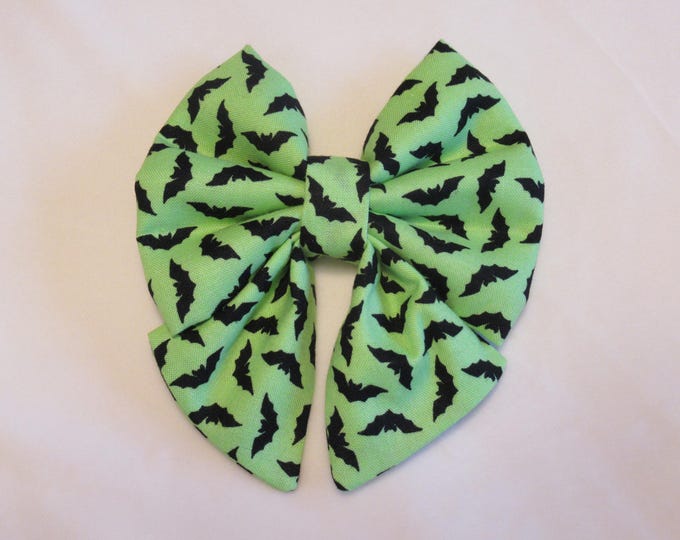 Featured listing image: Lime Green Halloween Black Bats Dog or Cat Lady Sailor Bow Tie: Easy Attachment