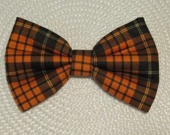 Orange Plaid Autumn Dog Cat Bow Tie: Easy Collar Attachment