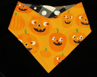 Reversible Halloween Dog or Cat Bandana: Pumpkins, Adjustable Pet Scarf Adjustable Snaps