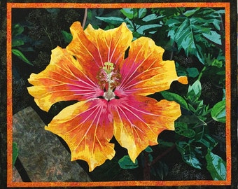 Orange Hibiscus Original Fiber Art by Lenore Crawford