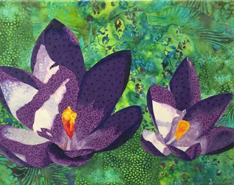 Purple Crocuses Original Fabric Collage by Lenore Crawford