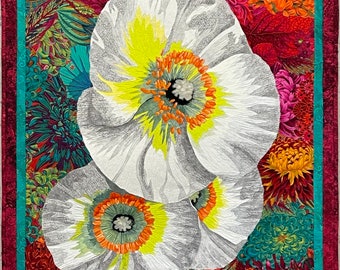 White Poppies on Red Original Fiber Art by Lenore Crawford