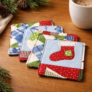 Coasters Set of 4 Decorative Cotton Fabric Two-sided Reusable Christmas Handmade in USA