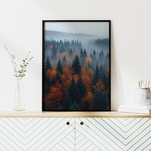 Affiche de forêt automnale, art mural, IA art, poster paysage d’automne, impression de forêt, décoration naturelle, art de la nature