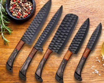 Juego de cuchillos de chef de acero de Damasco hechos a mano: 5 cuchillos de cocina japoneses