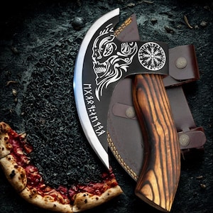Hand Forged Viking Pizza Cutter Axe with Leather Sheath Hand Forged Bearded Axe Pizza Axe Throwing Axe Dad Christmas Gift bestman Gift