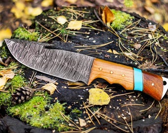 Handmade Damascus Steel Bowie Knife: Rosewood Handle, Outdoor Hunting