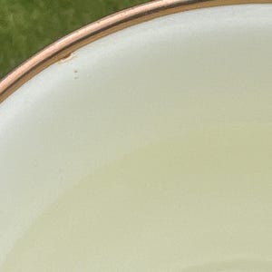 May include: A close-up view of a white ceramic saucer or plate featuring a smooth, glossy finish and a thin, metallic gold-colored rim. The surface is plain and unadorned, highlighting the contrast between the white ceramic and the gold edge.