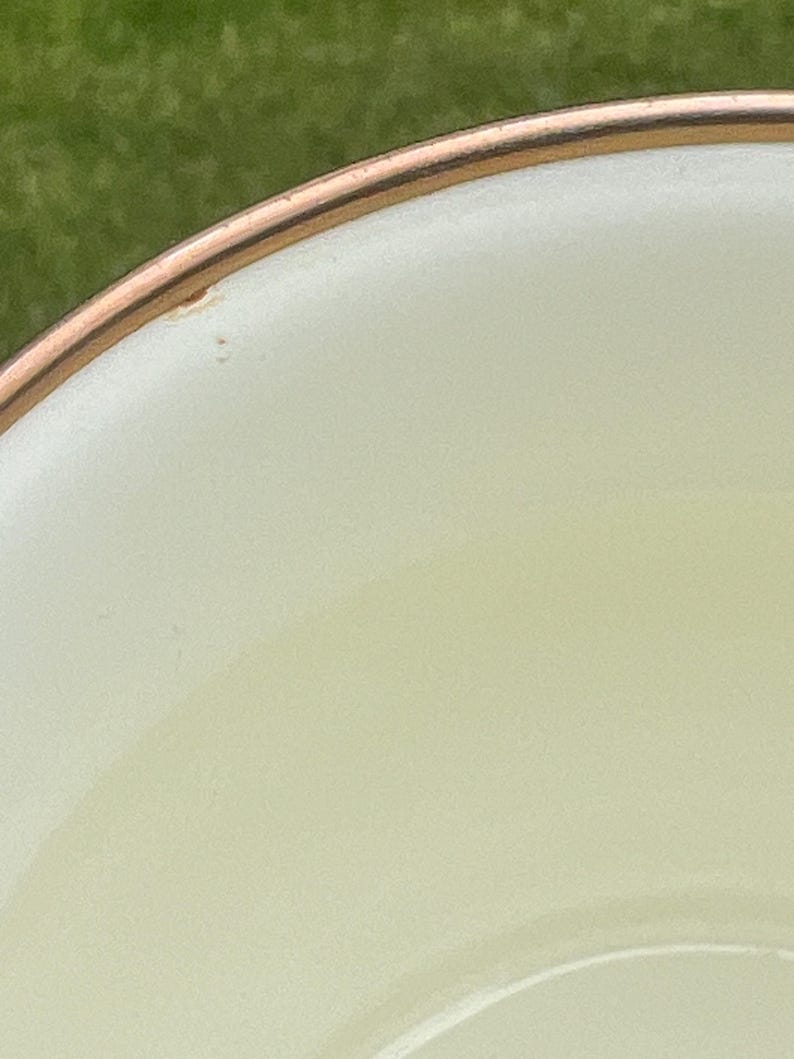 May include: A close-up view of a white ceramic saucer or plate featuring a smooth, glossy finish and a thin, metallic gold-colored rim. The surface is plain and unadorned, highlighting the contrast between the white ceramic and the gold edge.