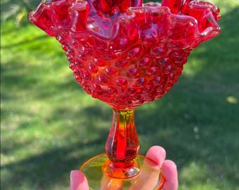 Vintage Fenton Hobnail Amberina Colonial Orange Red Ruffled