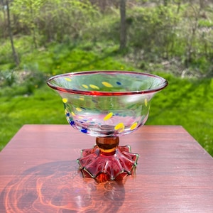 SÄLLSYNT Vintage MacKenzie Childs Smält Konfetti Konstglas Piedestal Skål Godisfat bild 2