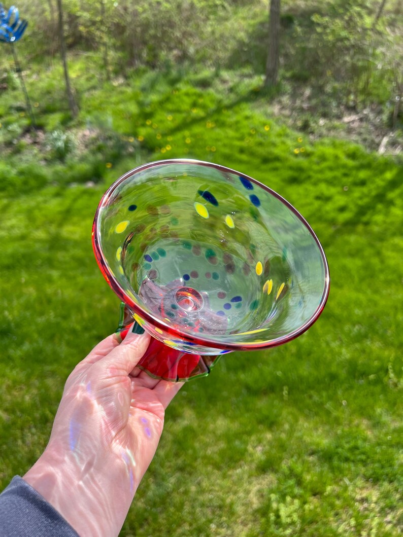 SÄLLSYNT Vintage MacKenzie Childs Smält Konfetti Konstglas Piedestal Skål Godisfat bild 4