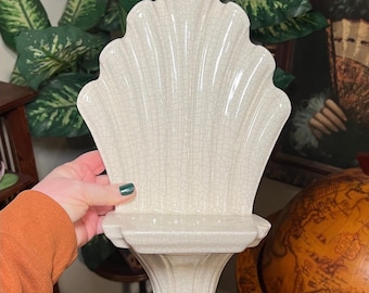 Vintage Italian Crackle Glaze Ceramic Clam Shell Ornate Floating Wall Shelf