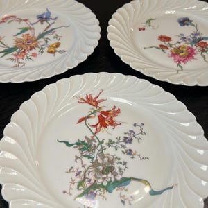 Juego de 3 platos de postre Haviland Limoges Torse Fleurs et Fruits de Saxe de 21,6 cm (8,5") de porcelana francesa hecha a mano.