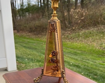 VTG Fransk Ormolu Inkapslade Rosor Avfasade Glas Parfymflaska Ljusstakehållare