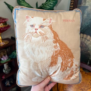 May include: Tan square pillow featuring a detailed illustration of a Persian cat with white and brown fur. The pillow has a blue and tan border and the word "PERSIAN" is printed on the top right corner. A decorative item for cat lovers.