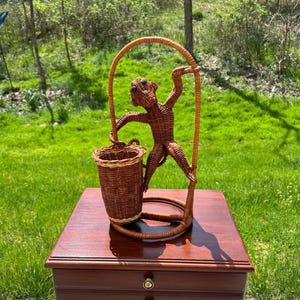 Vintage Figural Monkey Woven Wicker Rattan Basket Planter Pot Vase Boho MCM
