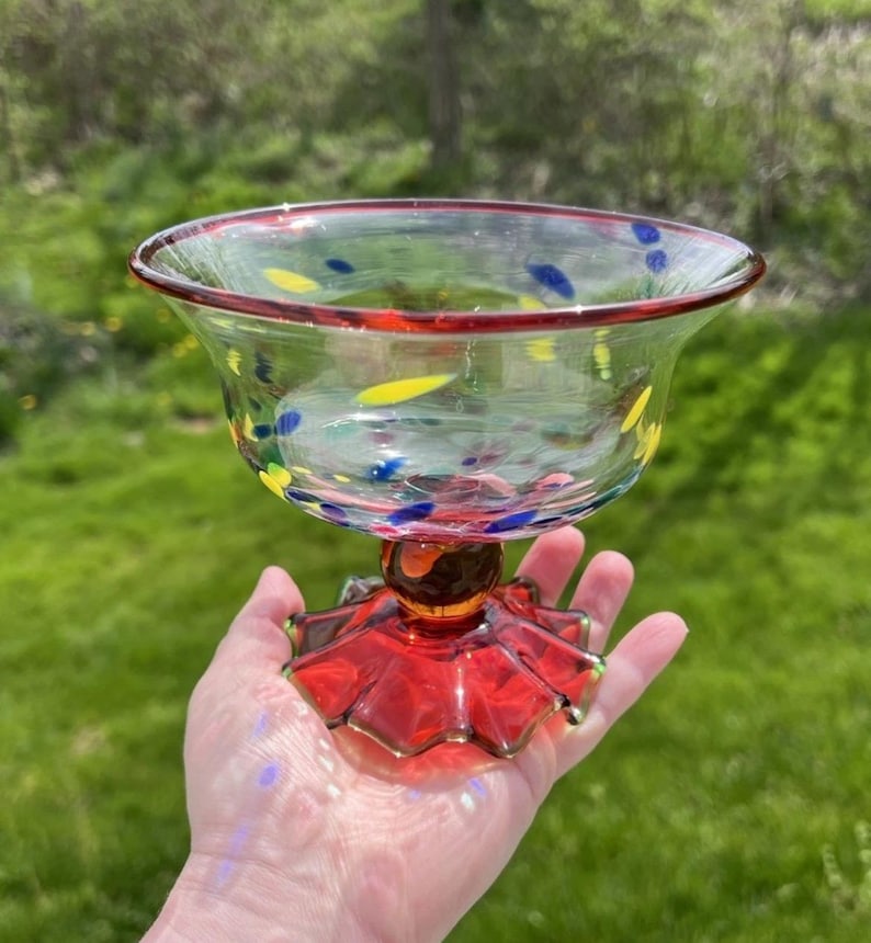 SÄLLSYNT Vintage MacKenzie Childs Smält Konfetti Konstglas Piedestal Skål Godisfat bild 1