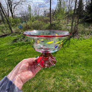 SÄLLSYNT Vintage MacKenzie Childs Smält Konfetti Konstglas Piedestal Skål Godisfat bild 9