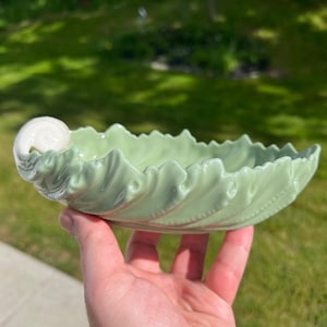 Puede incluir: Un plato de cerámica de color verde claro con forma de hoja, acabado brillante y un detalle blanco enrollado similar a una concha en un lado. Los bordes del plato son festoneados y texturizados para imitar las venas de una hoja.