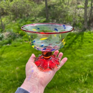 SÄLLSYNT Vintage MacKenzie Childs Smält Konfetti Konstglas Piedestal Skål Godisfat bild 5