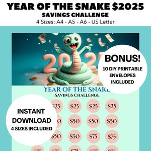 Puede incluir: Un gráfico de desafío de ahorro imprimible con una serpiente de dibujos animados y el texto "Año de la Serpiente 2025 Desafío de Ahorro". El gráfico incluye una cuadrícula de círculos con cantidades en euros, como 25 €, 50 € y 75 €. El texto "¡Bono! 10 sobres imprimibles de bricolaje incluidos" también está incluido.