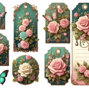 Teal and Pink Rose Junk Journal/Gift Tags, 8 US Letter Size Pages, Includes Fussy Cut Extras, 500 dpi quality