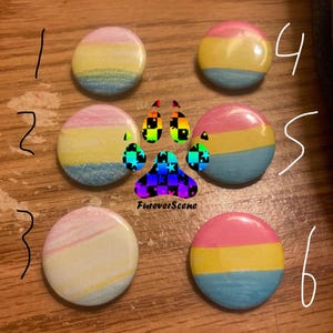 May include: Six circular pin-back buttons arranged in two columns, each featuring horizontal stripes of pink, yellow, and blue. The buttons are numbered one through six in white ink. A central paw print graphic with a rainbow star pattern and the text FureverScene is overlaid in the middle.