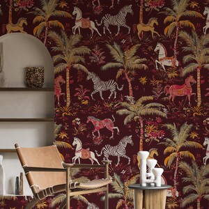 Carta da parati equestre tropicale vintage - Cavalli esotici della giungla e zebre su carta da parati bordeaux scuro - Carta da parati staccabile e adesiva - Parete rimovibile - Parete in tela