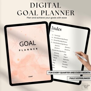 May include: Digital goal planner with a pink and white watercolor background. The planner includes sections for year goals, quarterly goals, monthly goals, and detailed monthly planning. The planner is fully hyperlinked.