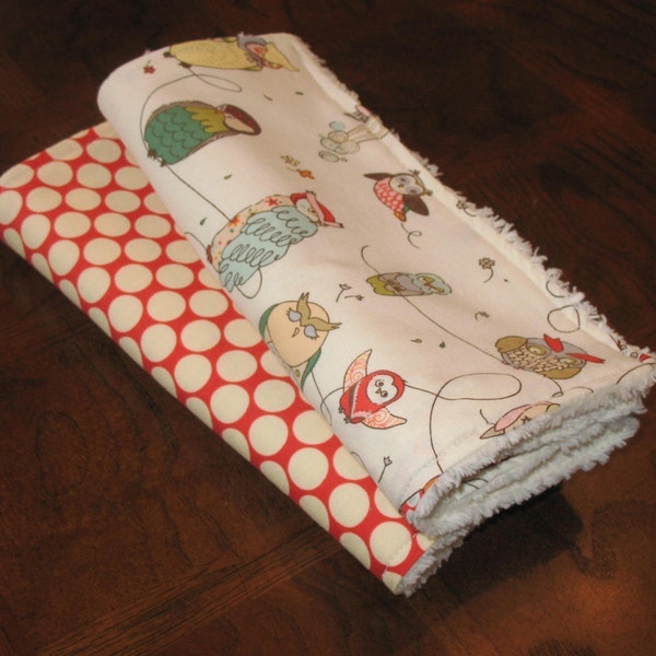 Set of 2 - Spotted Owl and Full Moon Polka Dot Chenille Burp Cloth Duo