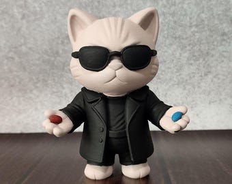 マトリックス猫フィギュア、赤と青の錠剤、手描きの映画オタク向けギフト、サイバーパンクオフィス装飾
