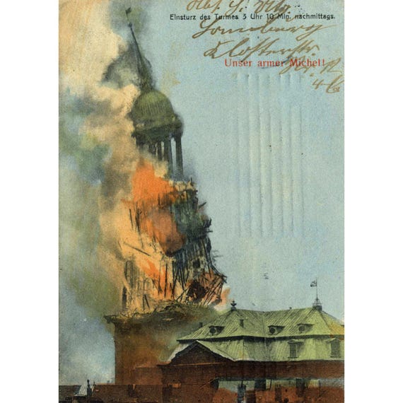 Postcard. Hamburg. Michaelskirche fire around 1906