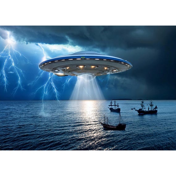 Postcard. UFO hovers over sailing ships