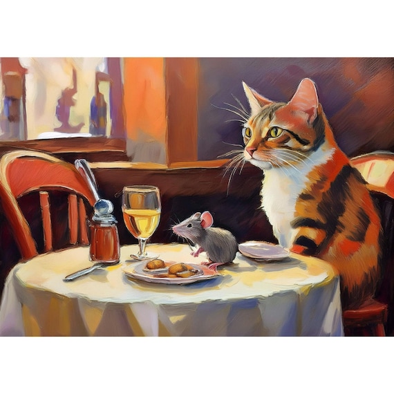 Postcard. Cat and mouse in a restaurant