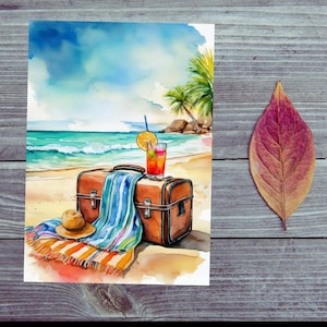 Carte postale / Bon voyage / A la mer / Valise sur la plage pour les fans de voyages