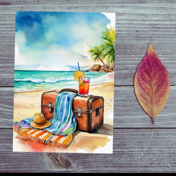 Postcard / Have a nice trip / To the sea / Suitcase on the beach for travel fans