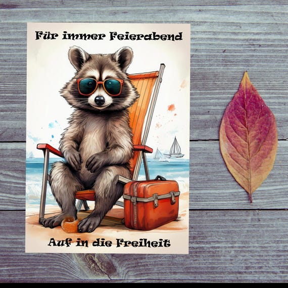 Postcard. Retirement / Pension / Forever off work / Raccoon on the beach for retirement