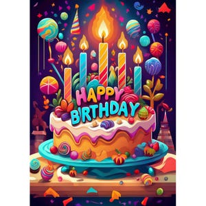 Tarjeta postal. Pastel con velas coloridas feliz cumpleaños.