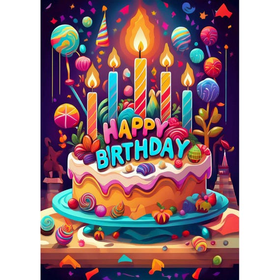 Postcard. Cake with candles Colorful Happy Birthday
