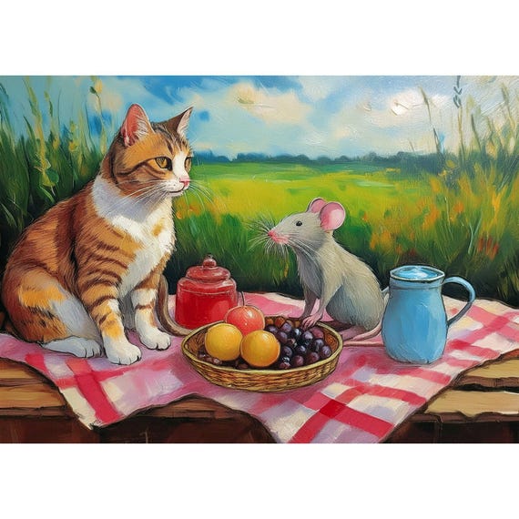 Postcard. Cat and mouse at a picnic.