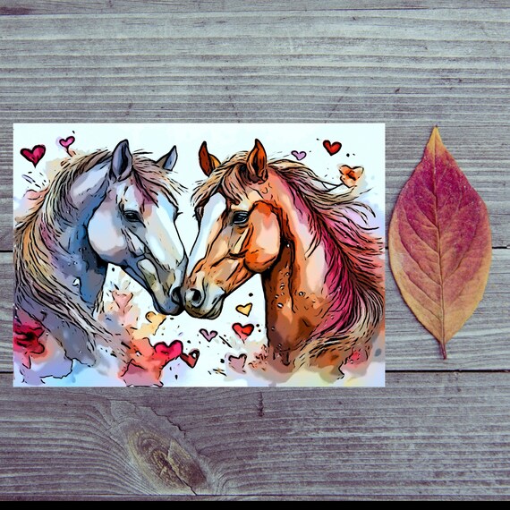Postcard. Love two horses in love Magical postcards for horse lovers