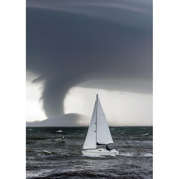 Postcard. Sailboat with tornado