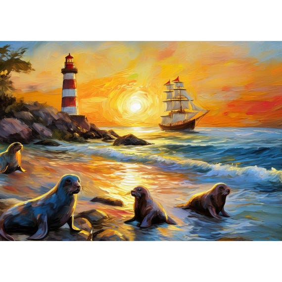 Postcard. Beach with seals and lighthouse