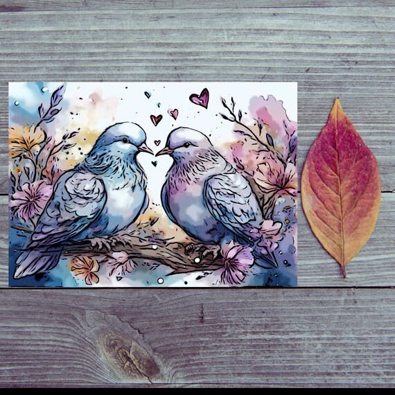 Postcard. Love two birds in love