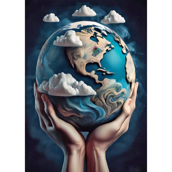 Postcard. Earth carried by two hands