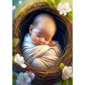 Carte postale. Bébé couché dans son nid